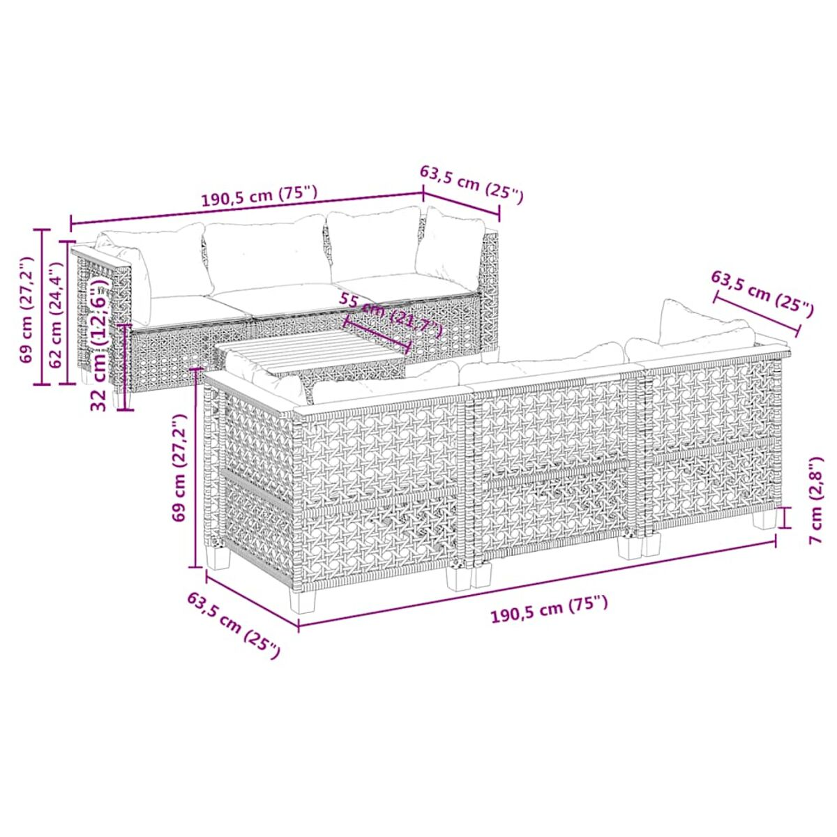 Un set di sedute per esterni con dimensioni. Include un divano e un tavolo, design intrecciato.