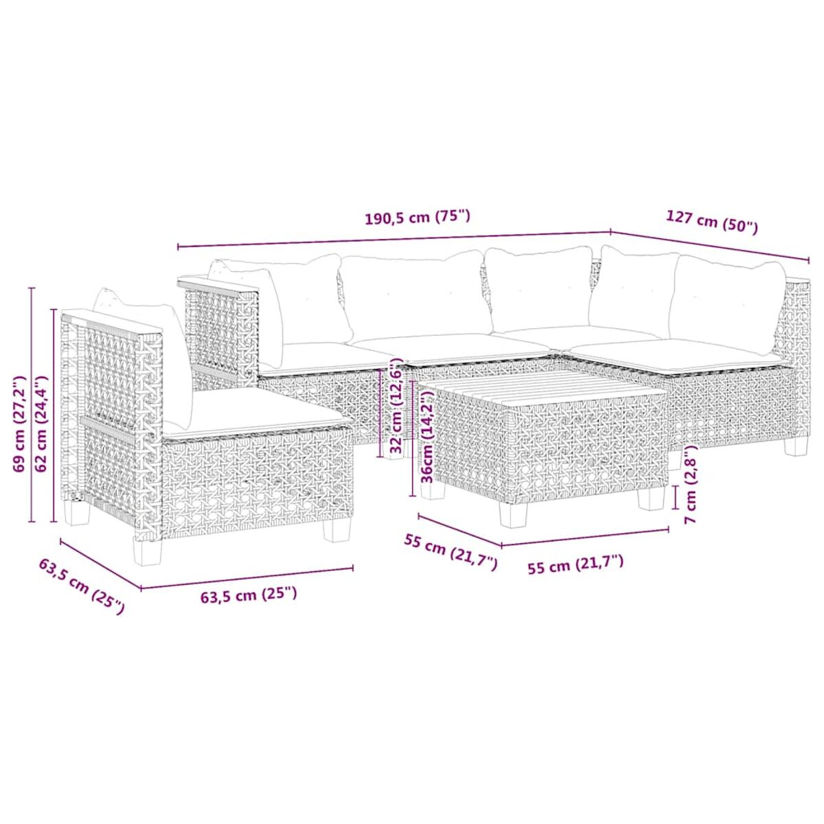 Un set di mobili da esterno in rattan. Include un divano, una sedia e un tavolino. Cuscini beige.