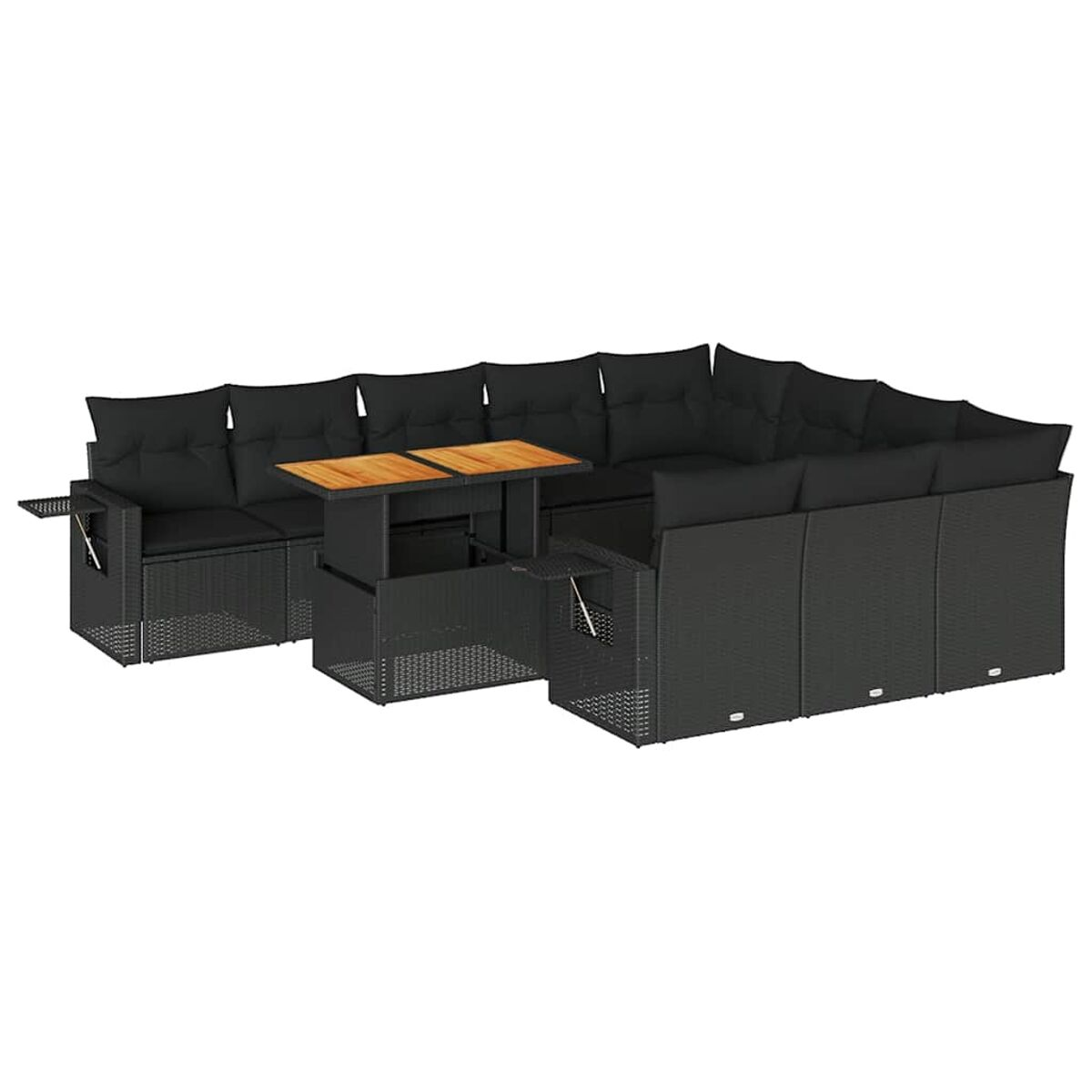 Divano angolare in rattan nero con tavolo. Include cuscini e su sfondo bianco.