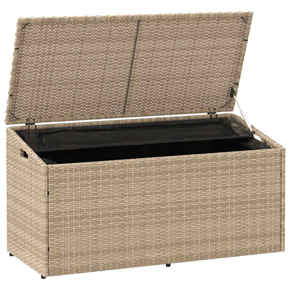Un contenitore portaoggetti in vimini beige con coperchio aperto è mostrato.