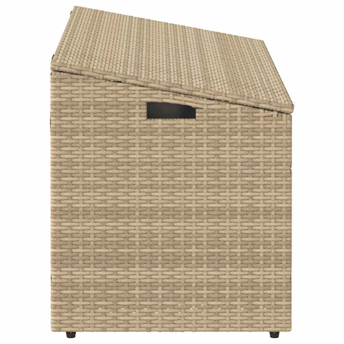Contenitore beige in vimini con coperchio inclinato.