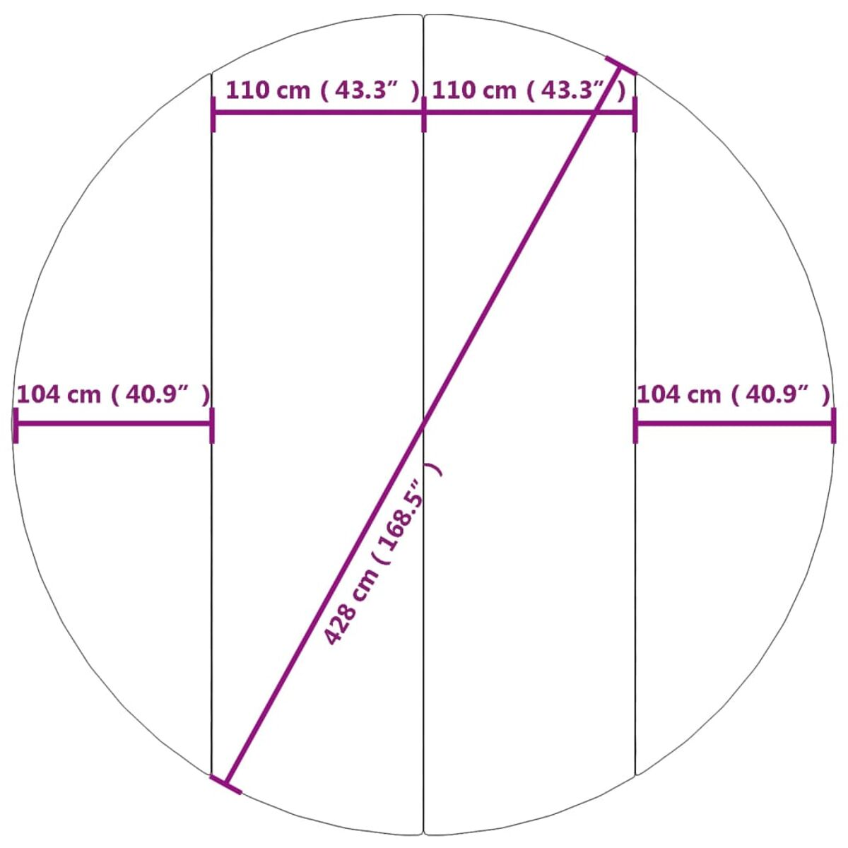 Diagramm eines runden Tisches mit Abmessungen. Der Tisch hat vier vertikale Paneele und eine Diagonale.