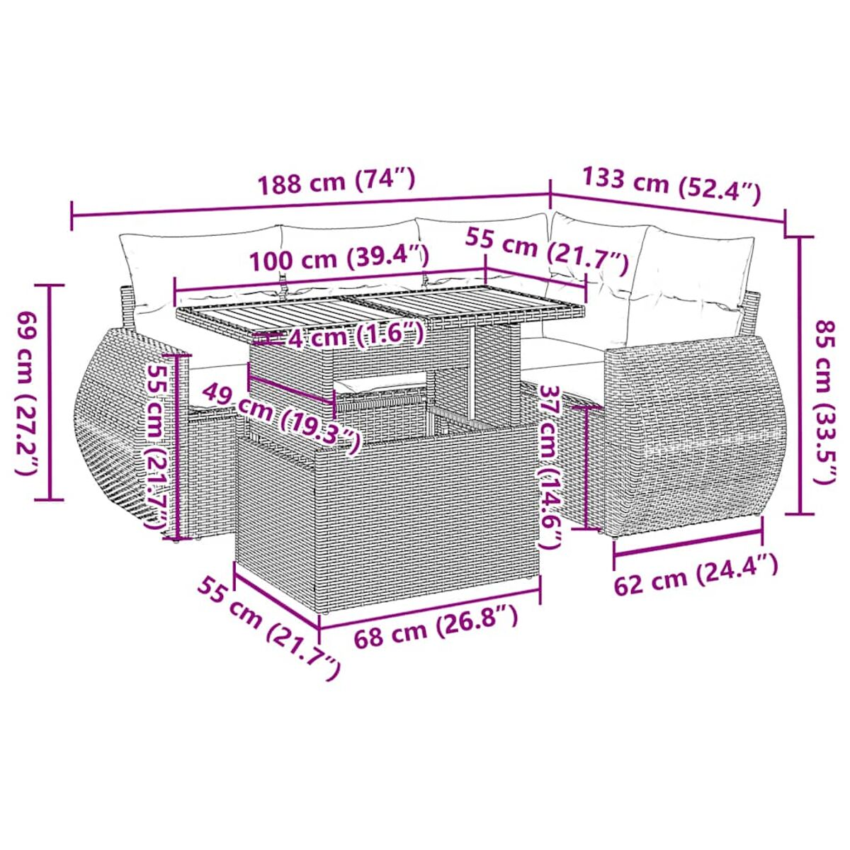 Set da patio in vimini con cuscini e tavolo. Le dimensioni sono indicate.