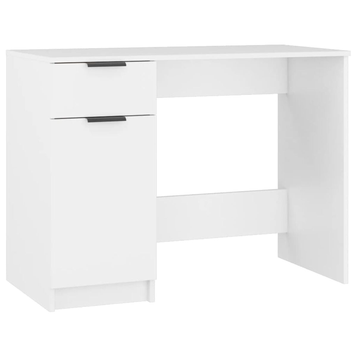 Weißer Schreibtisch mit zwei Schubladen und einem Schrank links, vor weißem Hintergrund.