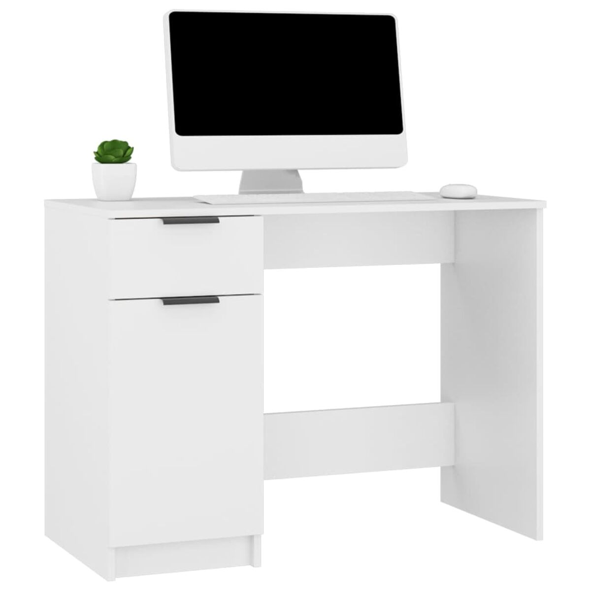 Weißer Schreibtisch mit Schubladen, Computer und Pflanze.