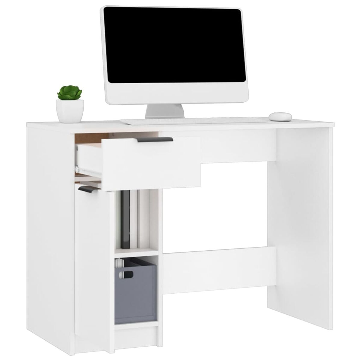 Weißer Schreibtisch mit offener Schublade, Computer, Pflanze und Maus. Bücher und eine graue Box sind sichtbar.