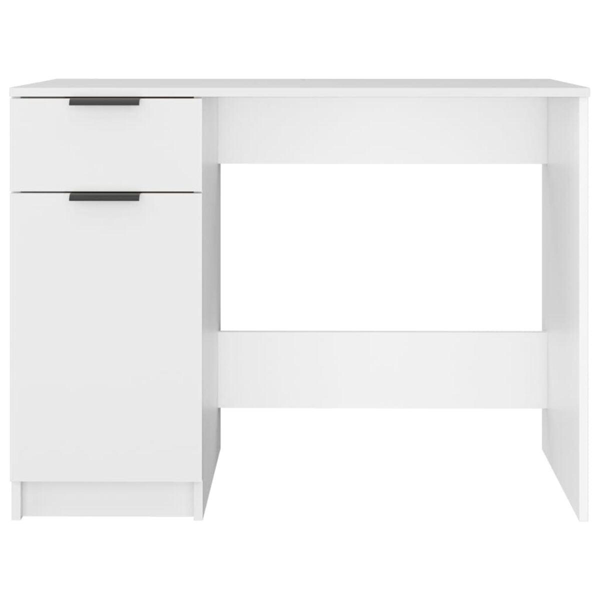 Weißer Schreibtisch mit Schubladen. Weißer Schrank mit zwei Schubladen und einer Tür.