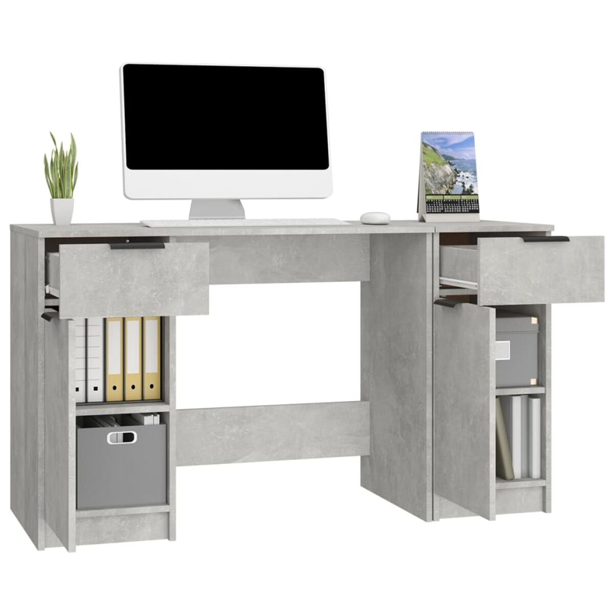 Ein grauer Schreibtisch mit Schubladen, Regalen, Computer und Zubehör.