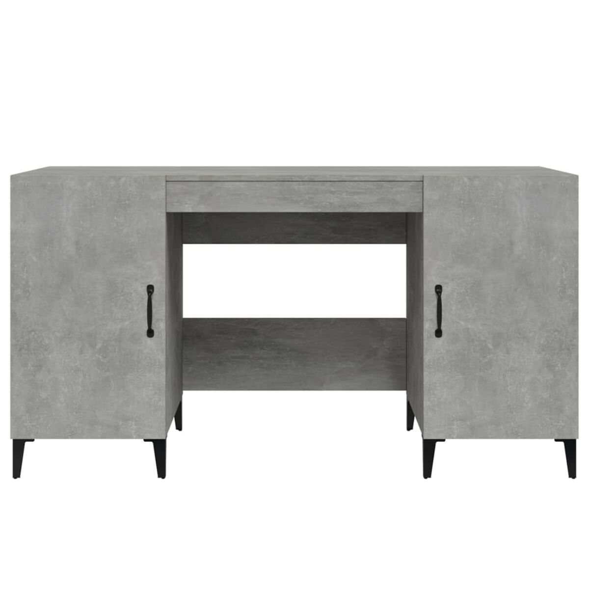 Ein grauer Beton-Schreibtisch mit zwei Schränken und schwarzen Griffen und Beinen.