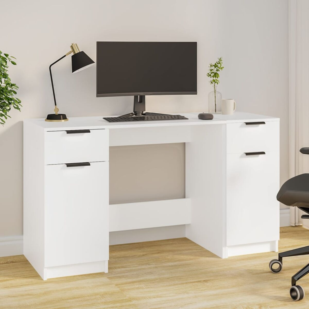 Ein weißer Schreibtisch mit Schubladen, einem Computer und Zubehör auf weißem Hintergrund.