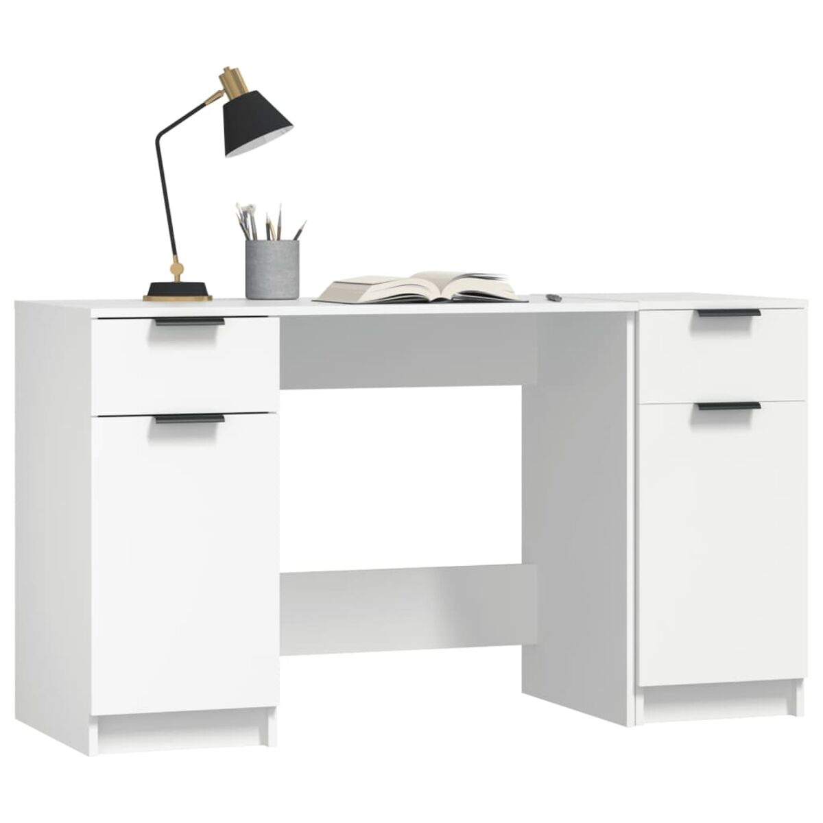 Weißer Schreibtisch mit Schubladen. Eine schwarze Schreibtischlampe und andere Gegenstände sind darauf.