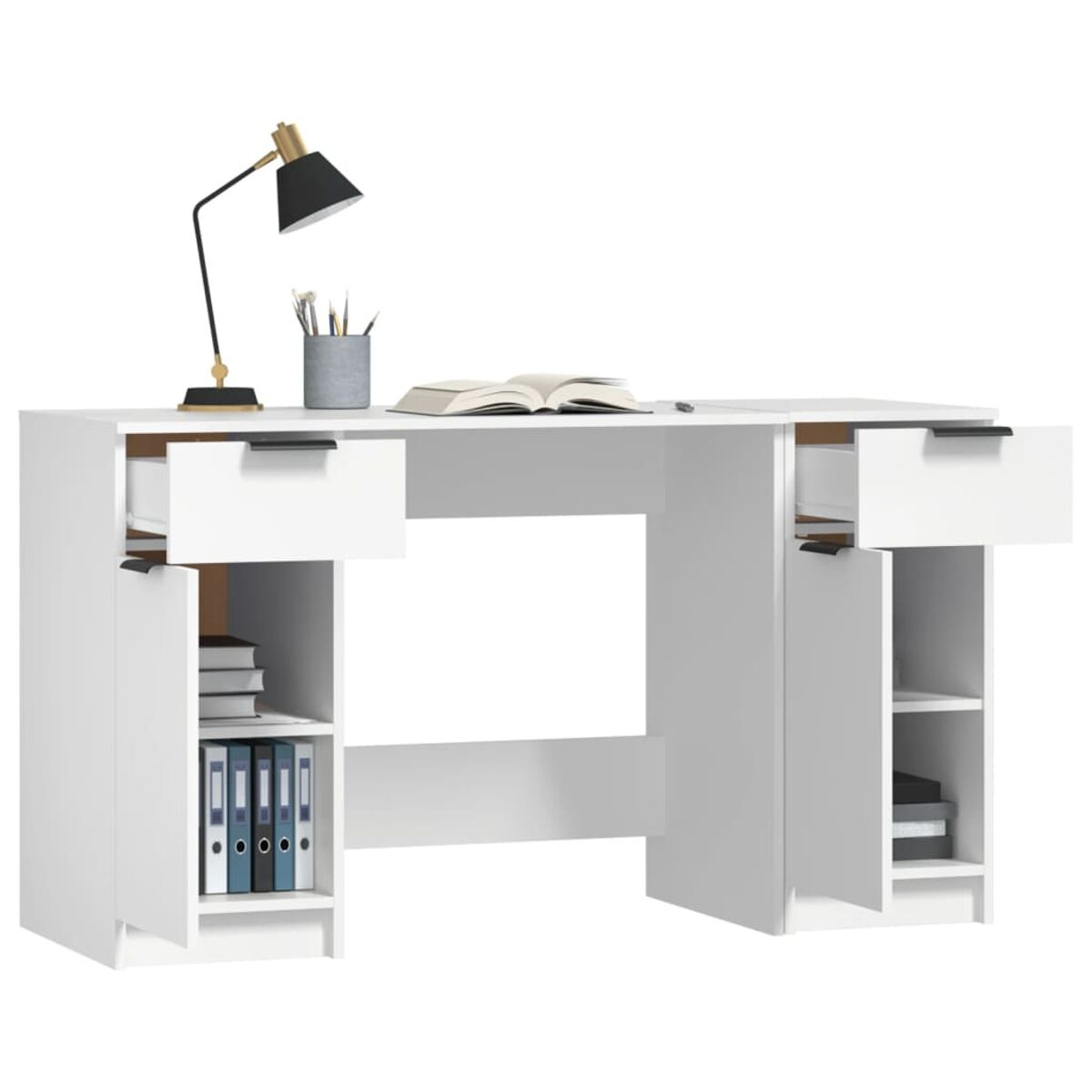 Ein weißer Schreibtisch mit Schubladen. Eine Lampe, Stifte und Bücher stehen auf dem Schreibtisch.