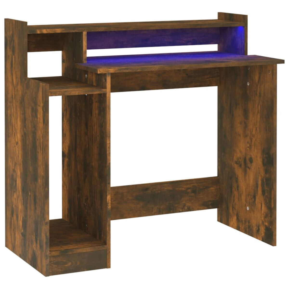 Holzschreibtisch mit Regalen und einer Schublade. Braun mit blauer Beleuchtung.
