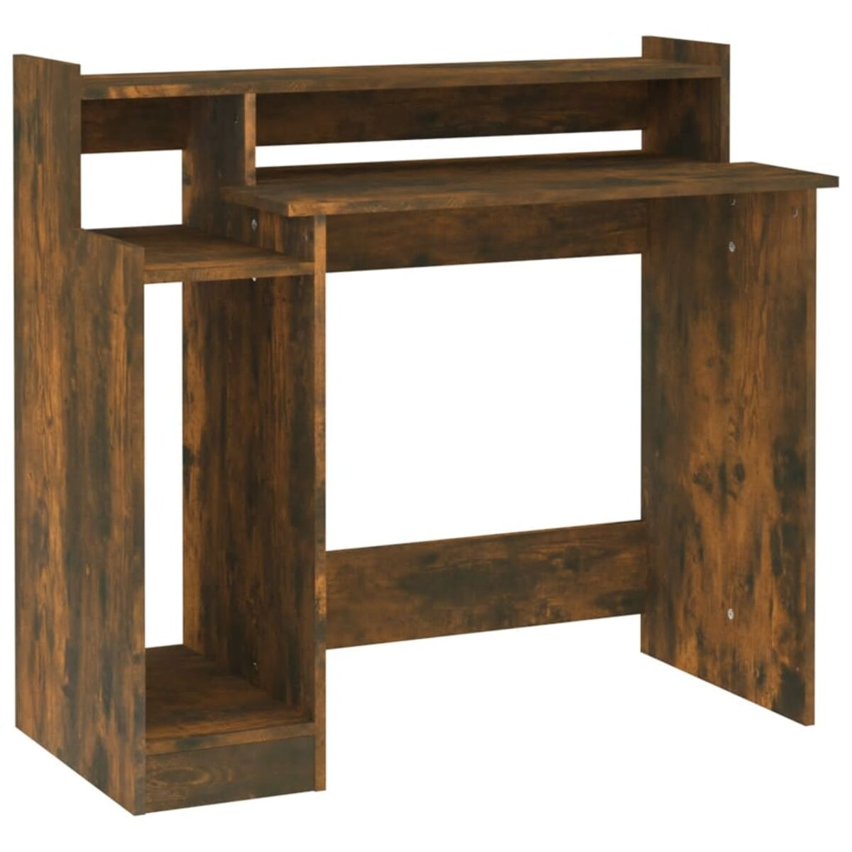 Holzschreibtisch mit mehreren Regalen, braune Farbe. Es hat eine rechteckige Form und ist leer.
