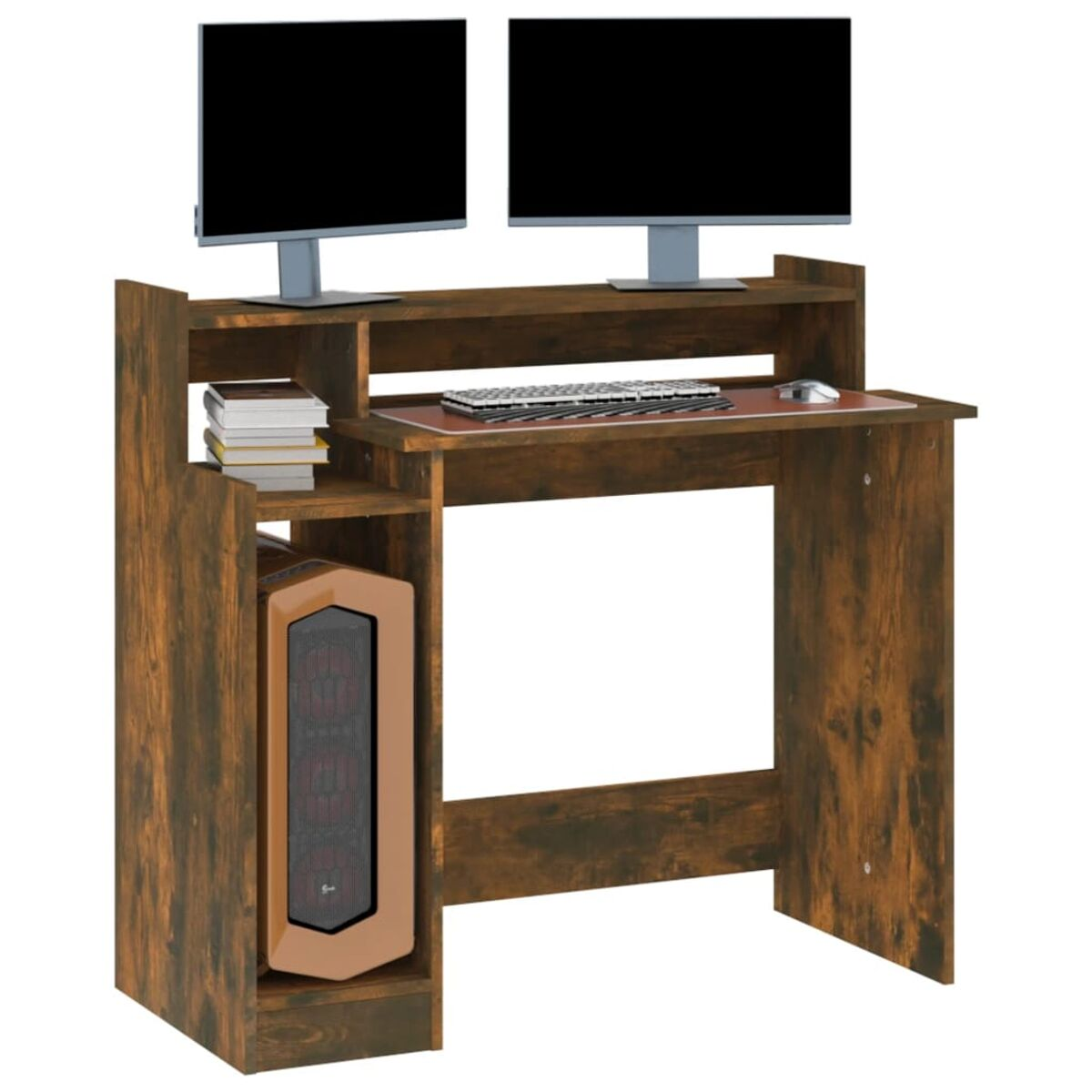 Holz-Computertisch mit zwei Monitoren, Tastatur und PC-Tower.