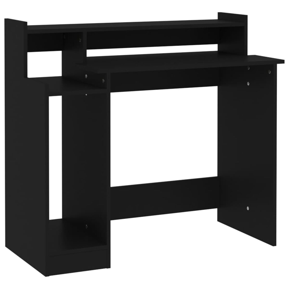 Ein schwarzer Schreibtisch mit Regal und Stauraum auf der linken Seite. Der Schreibtisch ist minimalistisch und modern.
