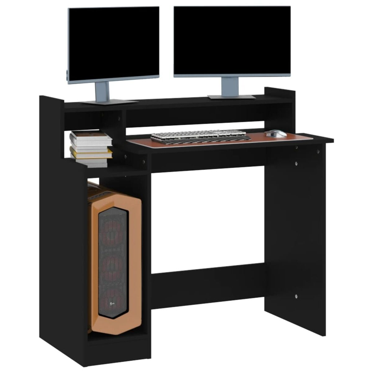 Schwarzer Computertisch mit zwei Monitoren, einer Tastatur und einer CPU. Es hat Regale zur Aufbewahrung.