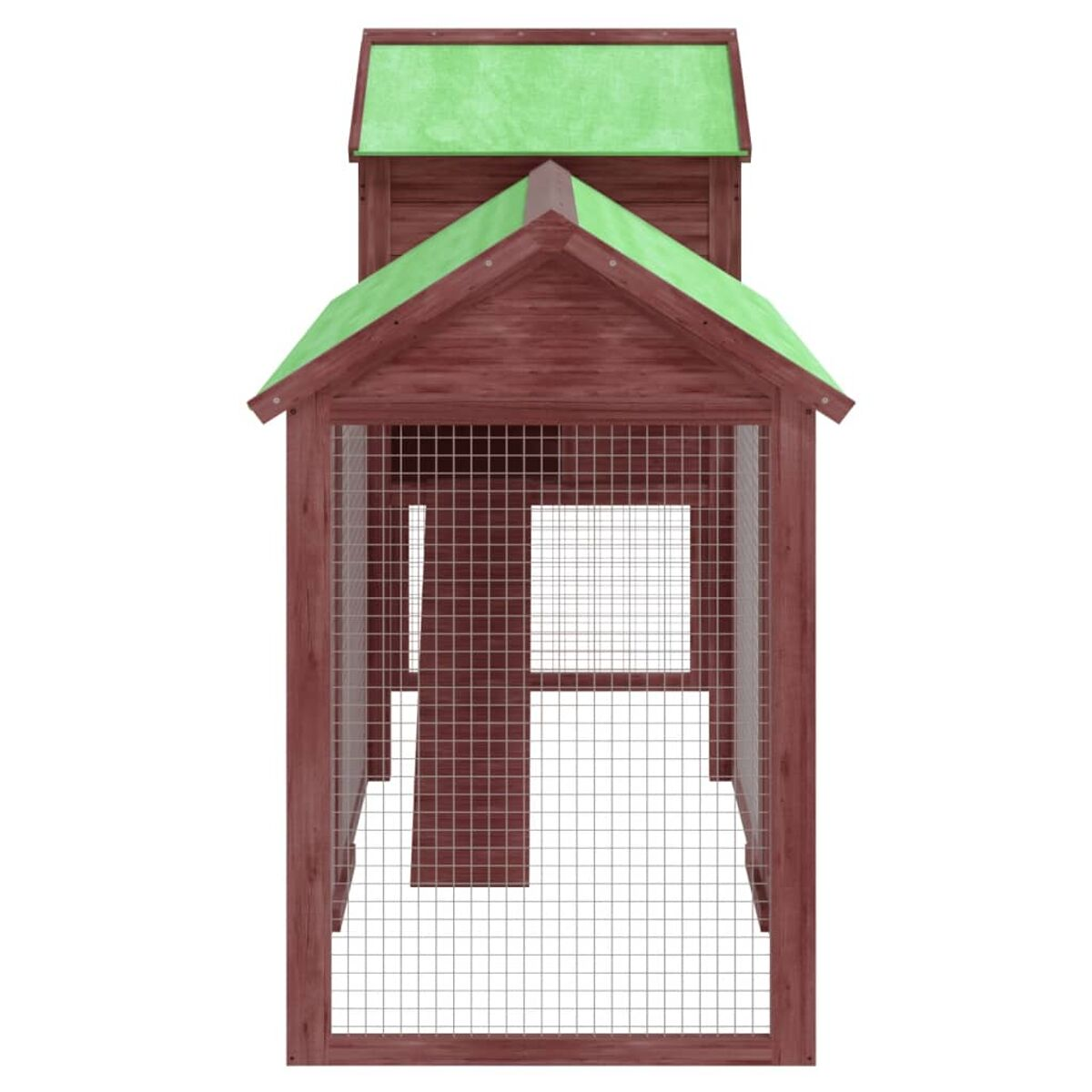 Ein Hühnerstall aus Holz mit einem grünen Dach. Der Stall hat ein Drahtgeflecht und ein kleines Haus.