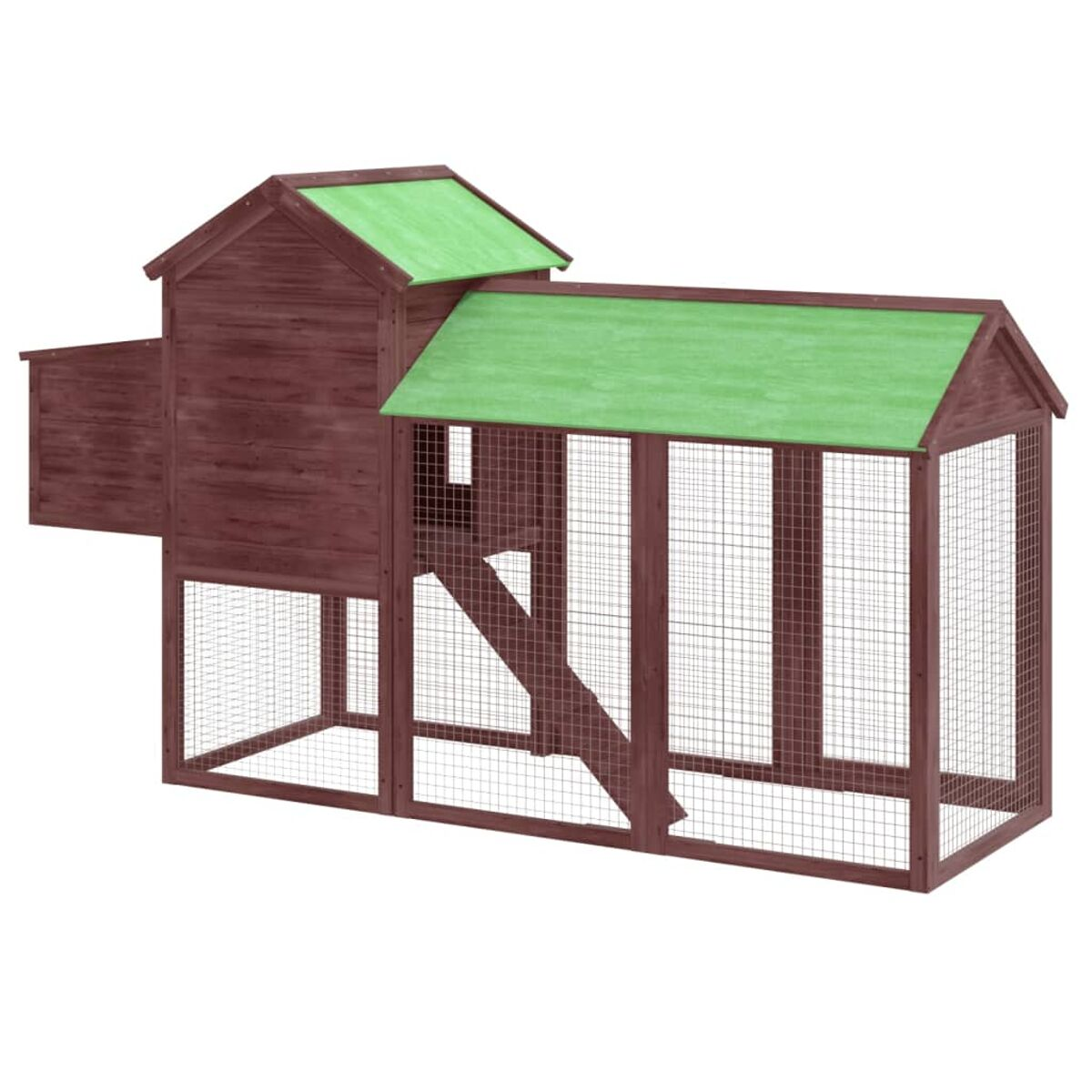 Hühnerstall aus Holz mit grünem Dach. Er hat eine Rampe und ist isoliert auf Weiß.