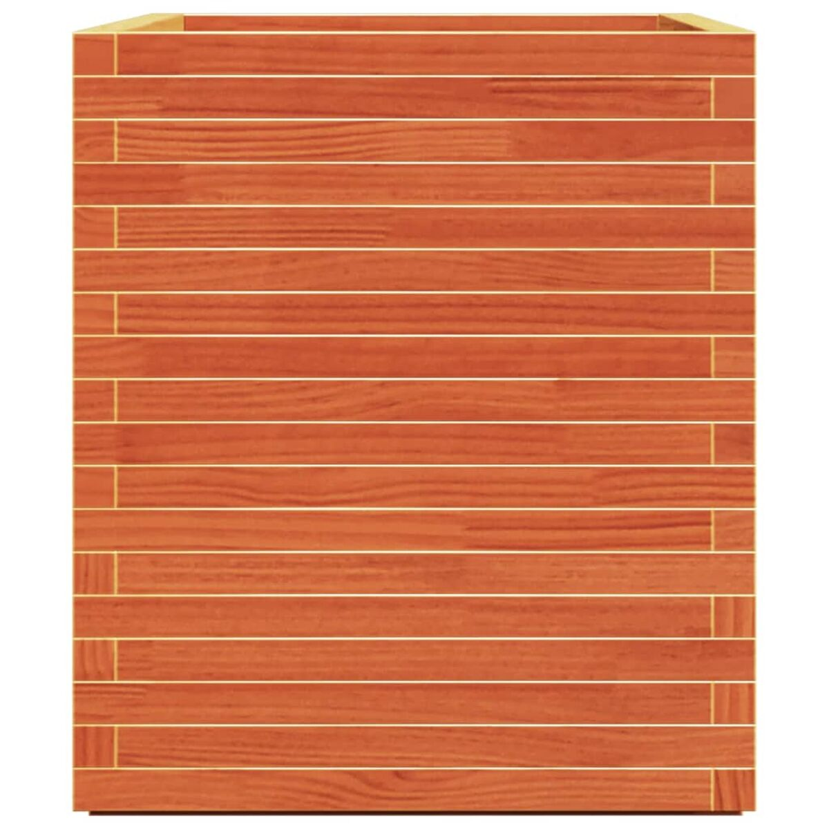 Pflanzkasten aus Holz mit orange-braunen Brettern. Die Bretter sind horizontal angeordnet. Innen leer.