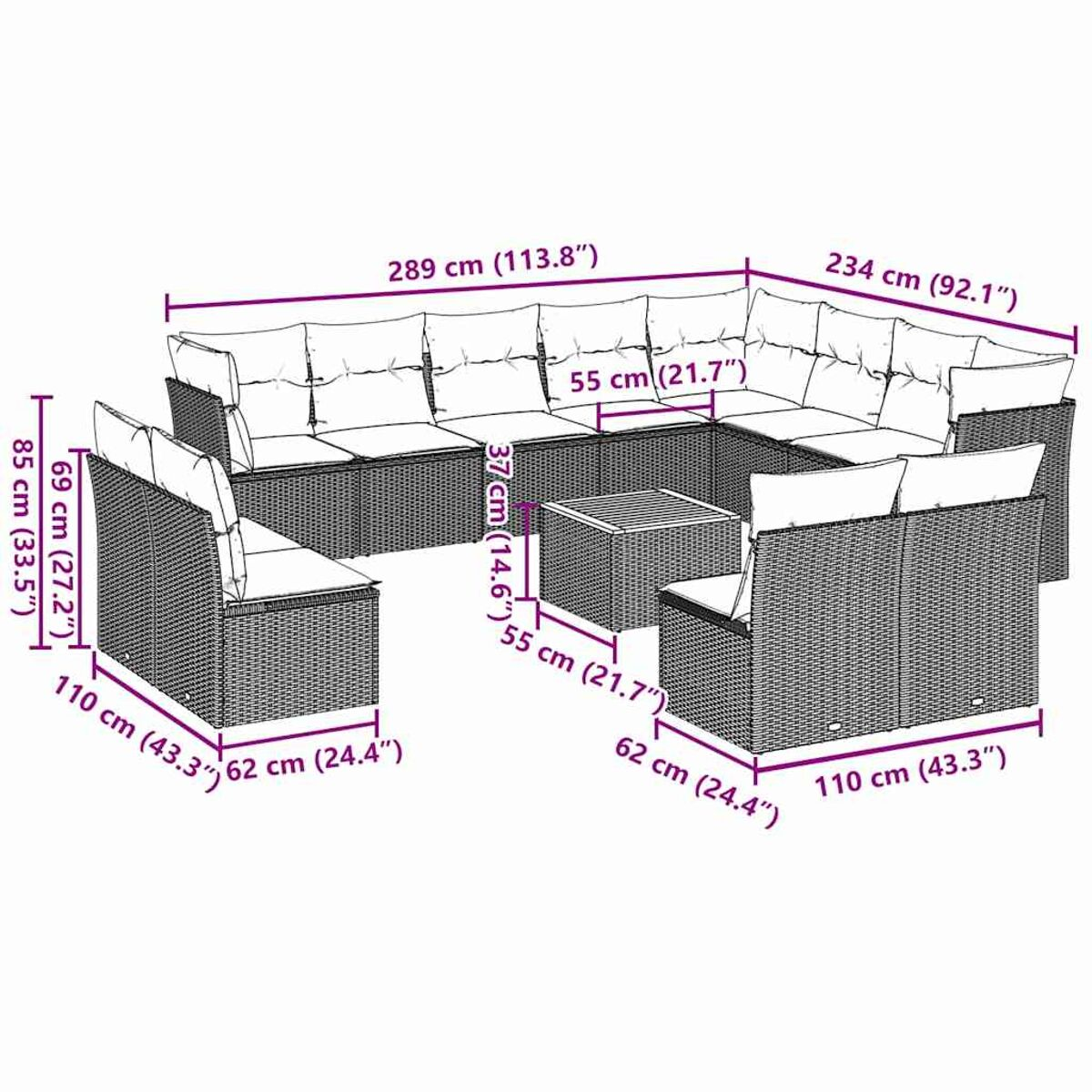Un set di mobili da esterno in vimini con dimensioni, tra cui un divano, un tavolo e sedie.
