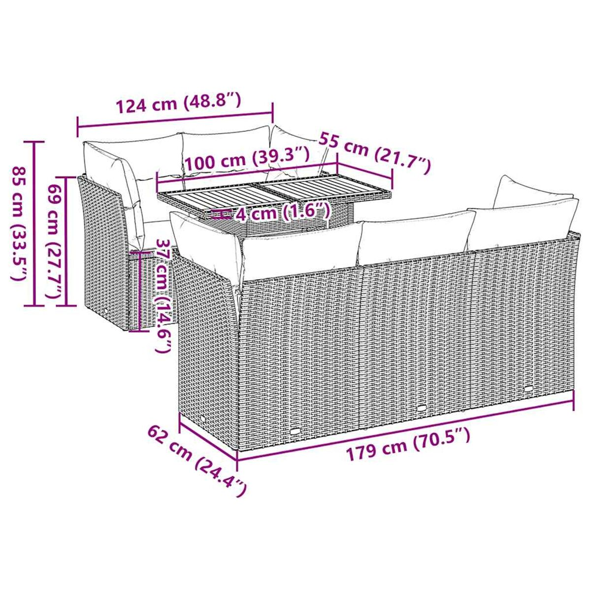 Ein graues Outdoor-Ecksofa mit Abmessungen. Es hat eine gewebte Textur und Kissen. Weißer Hintergrund.
