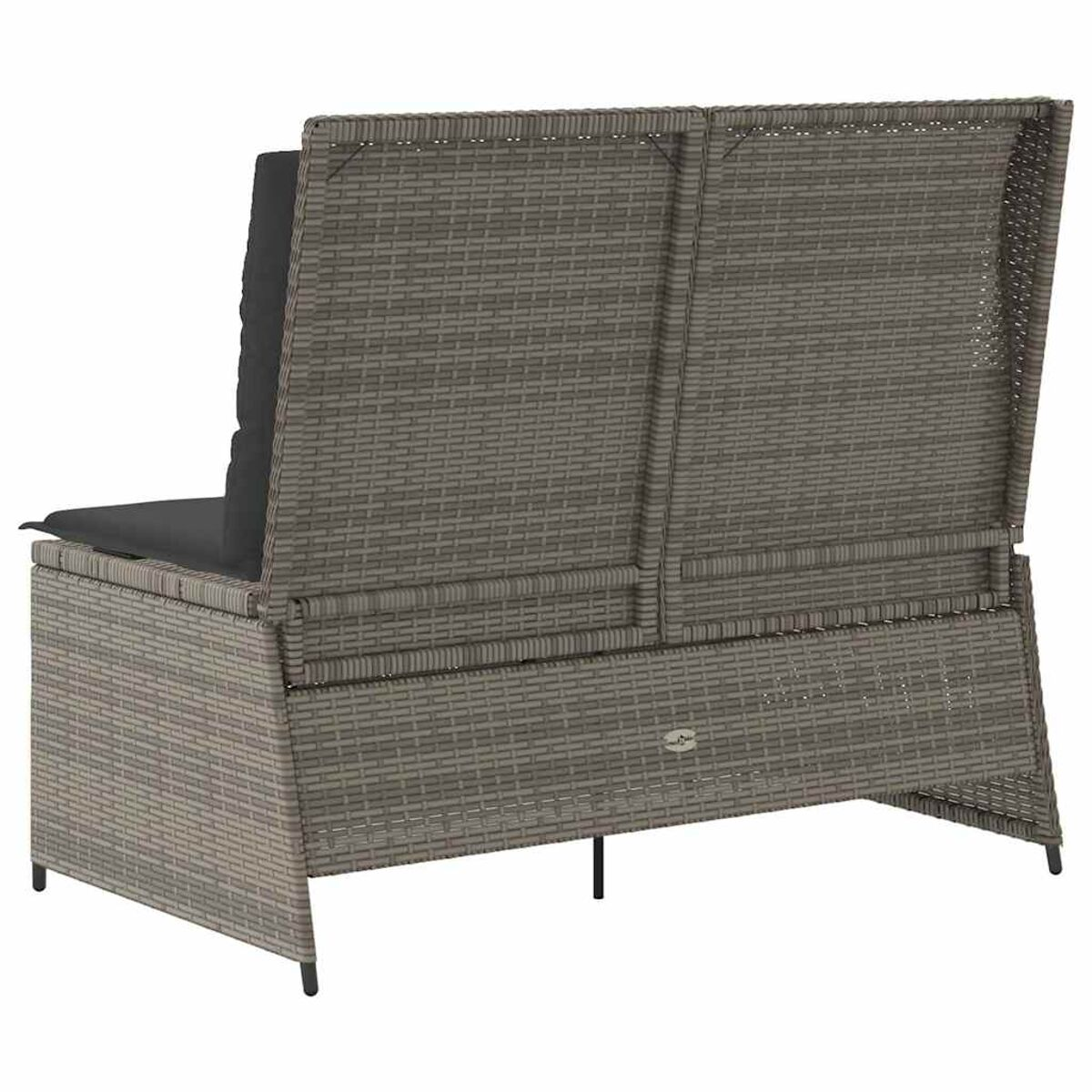 Graue, korbähnliche Outdoor-Liebesitz von hinten, mit schwarzem Kissen und schwarzen Beinen.