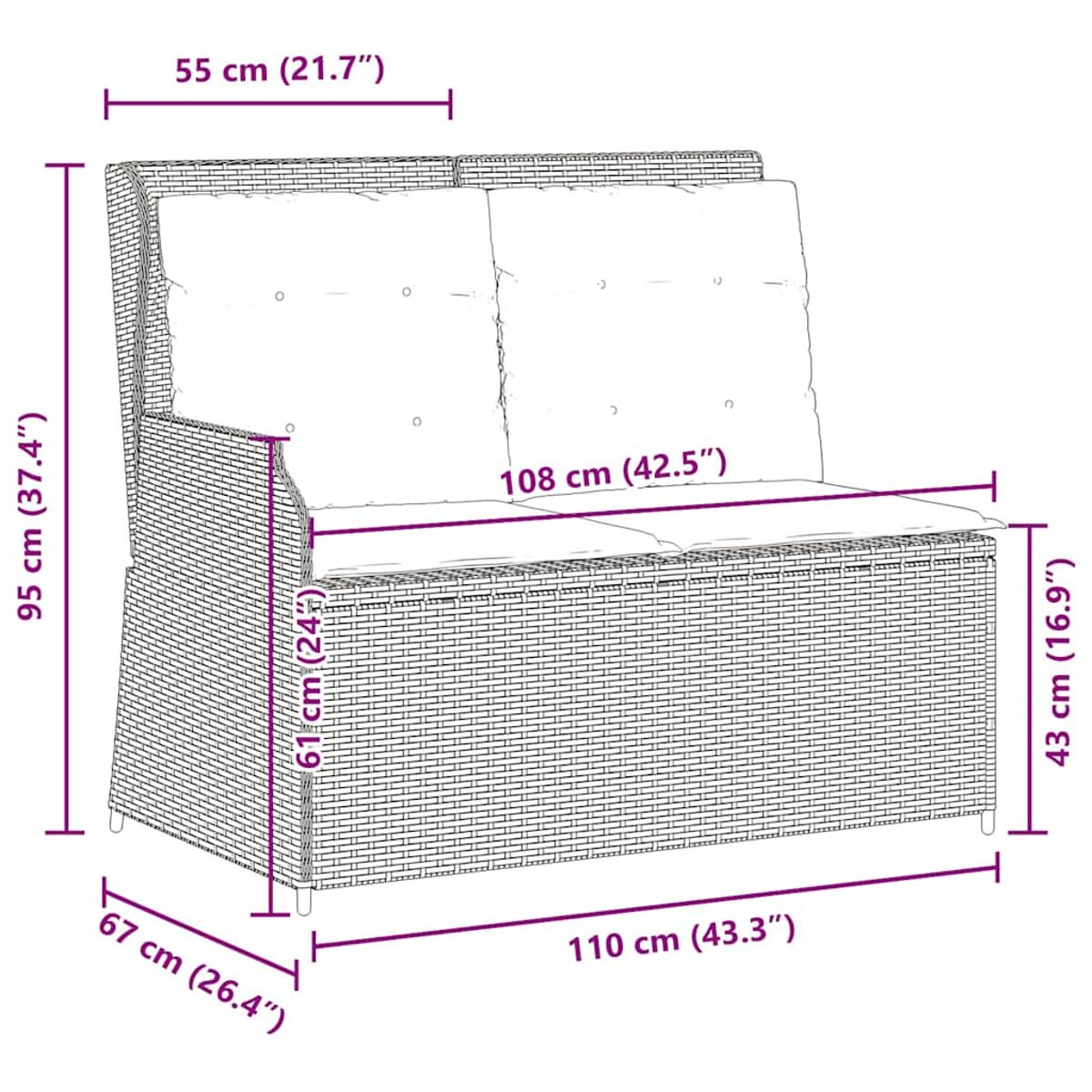 Ein Rattansofa mit zwei Kissen. Abmessungen sind angegeben. Beige Kissen und brauner Rahmen.