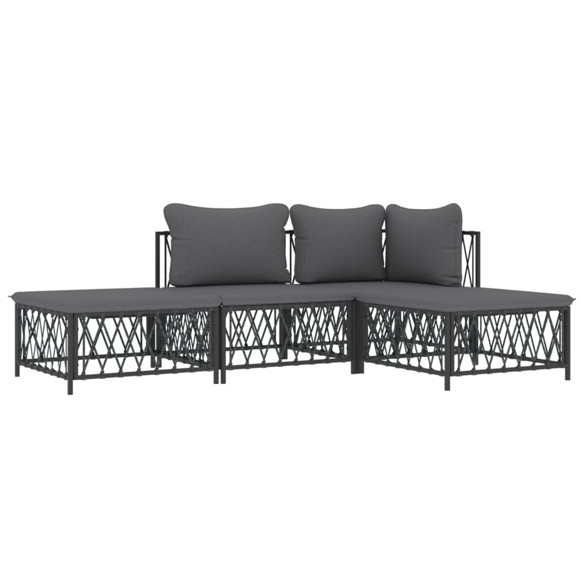 Graues Garten-Ecksofa auf weißem Hintergrund. Schwarzer Metallrahmen.