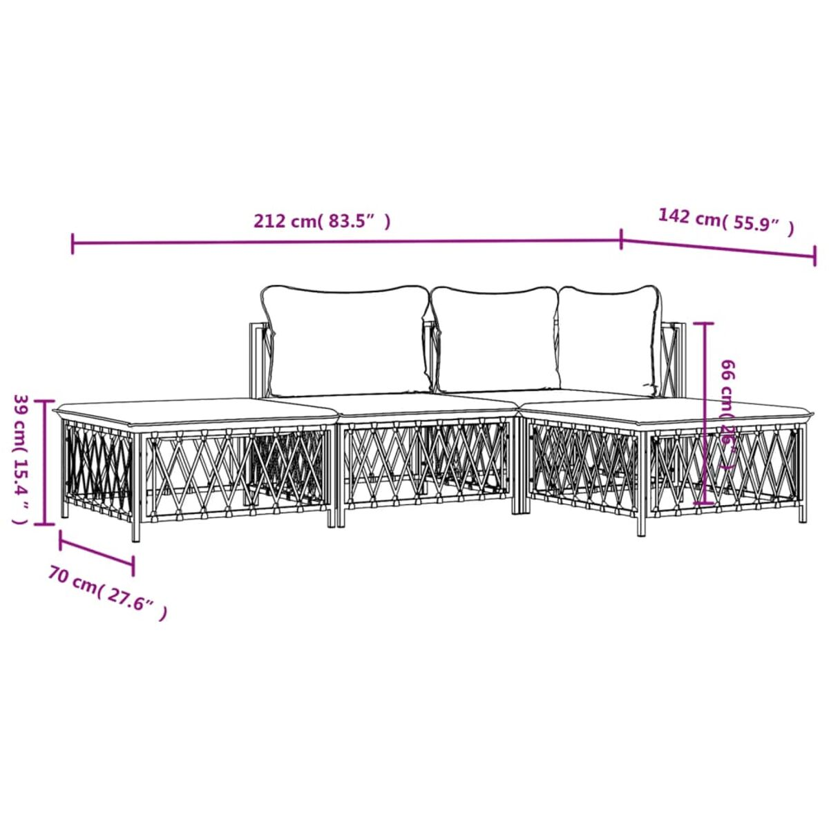 Geflochtenes Outdoor-Sofa-Set mit Maßen. Weiße Kissen.