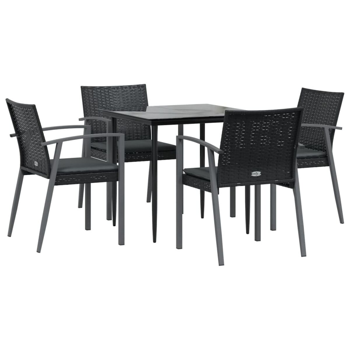 Essgruppe mit quadratischem schwarzen Tisch und vier Stühlen mit grauen Sitzen und silbernen Beinen. Weißer Hintergrund.