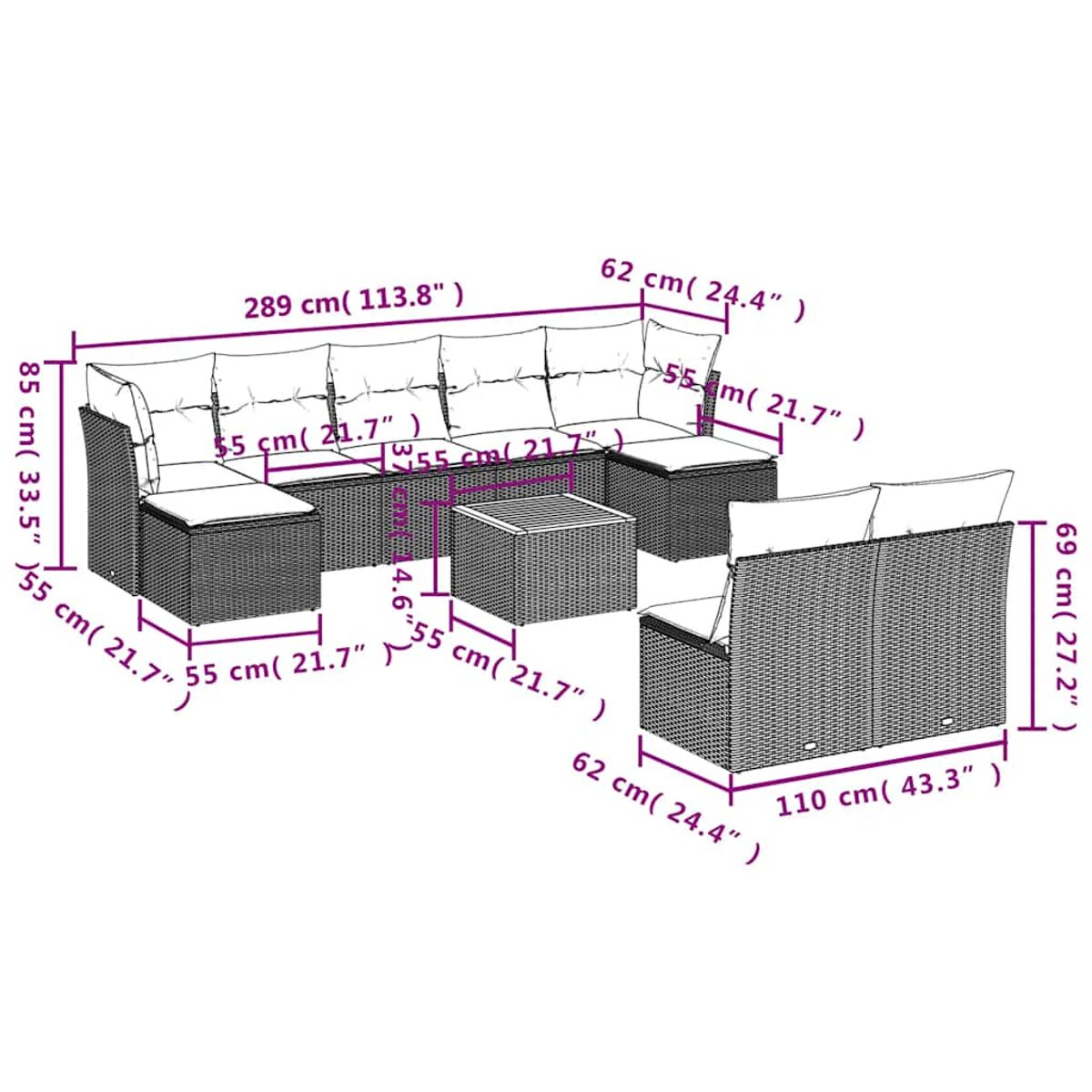 Diagramm eines Korbmöbelsets für den Außenbereich mit Abmessungen in cm. Enthält Sofa, Tisch und Stühle.