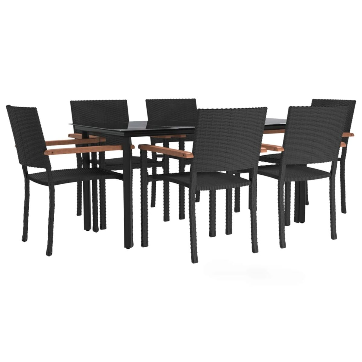 Essgruppe im Freien mit schwarzem Tisch und schwarzen Stühlen. Es ist auf weißem Hintergrund.