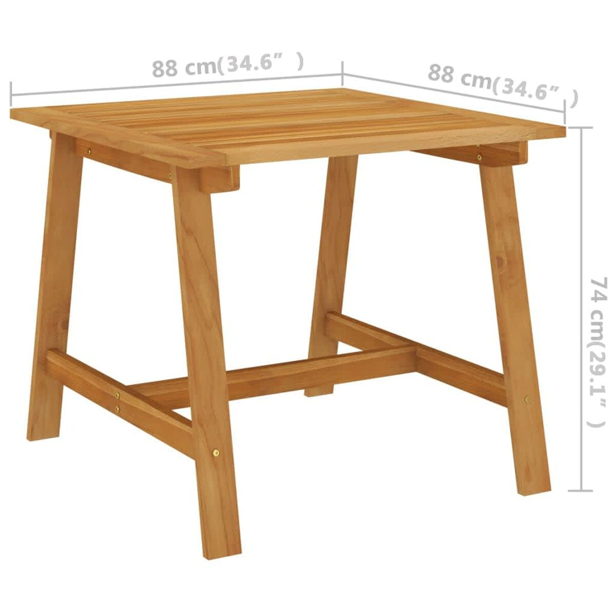 Quadratischer Holztisch mit Abmessungen, auf weißem Hintergrund.