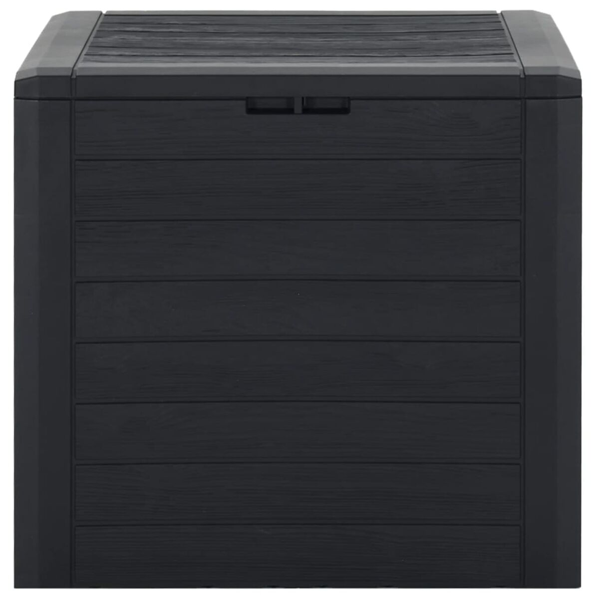 Eine schwarze Aufbewahrungsbox mit holzähnlicher Textur.
