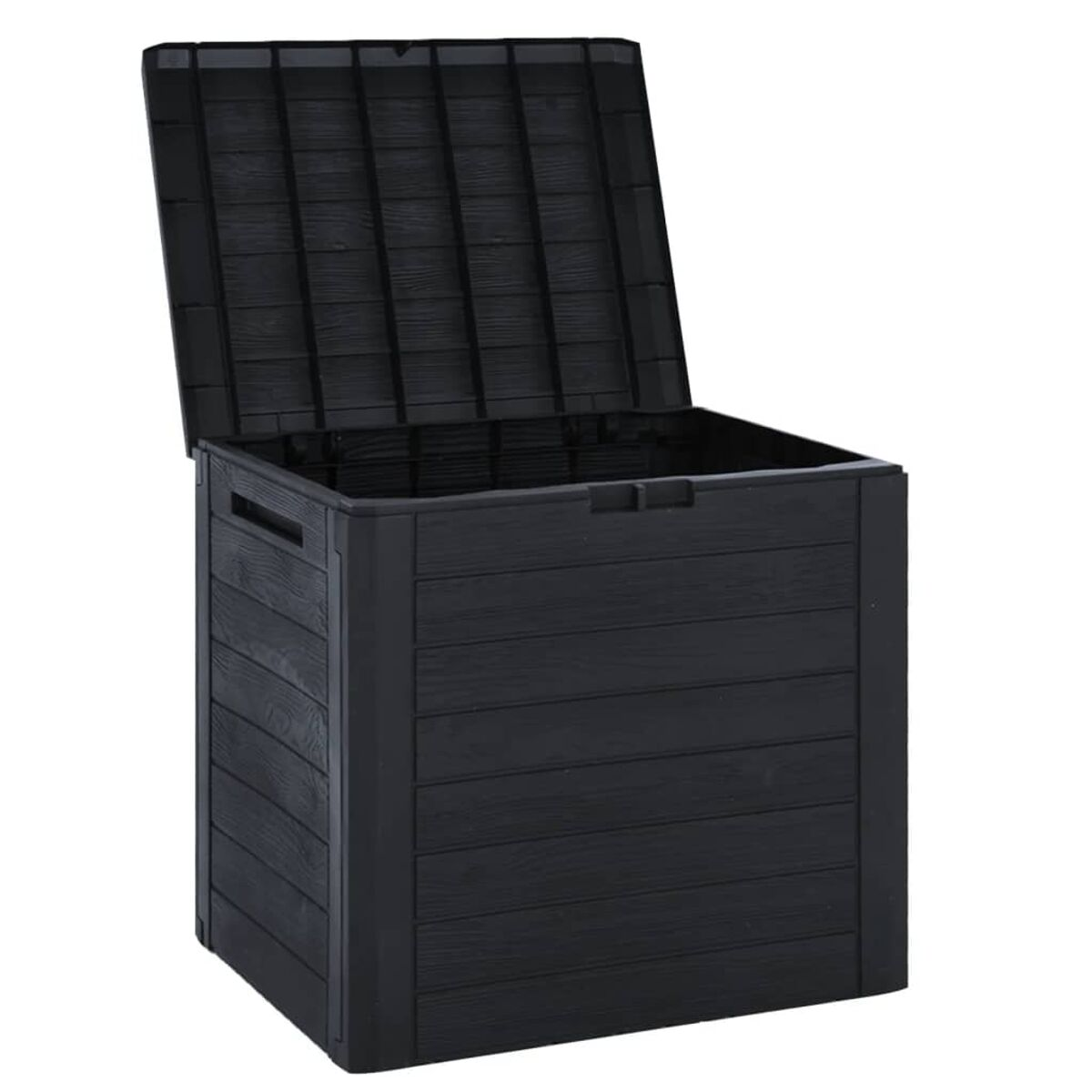 Schwarze Kunststoff-Außenaufbewahrungsbox mit offenem Deckel, der das Innere zeigt.