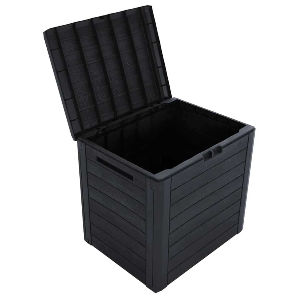 Schwarze Aufbewahrungsbox für den Außenbereich. Deckel offen, strukturierte Oberfläche. Für Garten oder Terrasse.