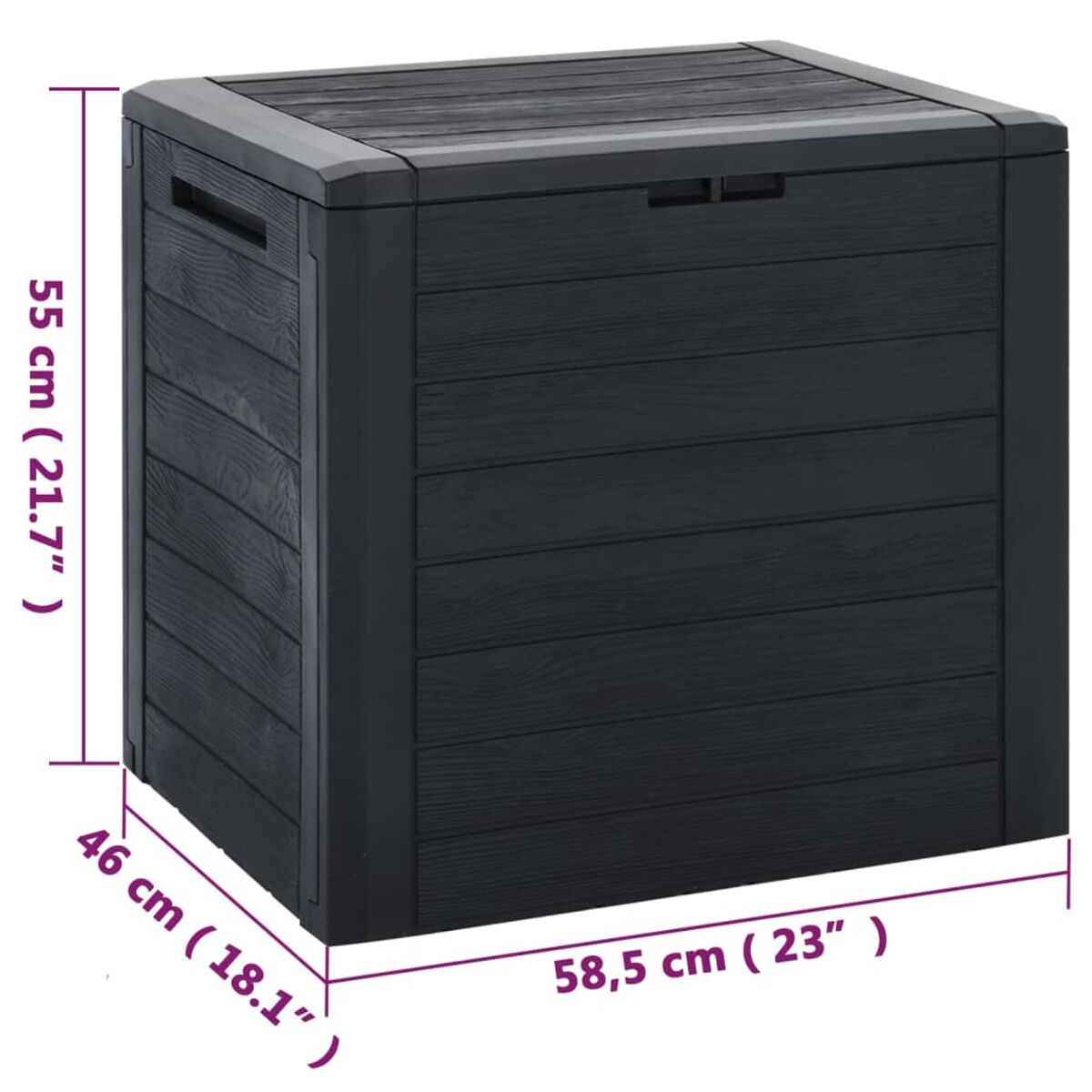 Schwarze Outdoor-Aufbewahrungsbox mit Holzmaserung. Weißer Hintergrund.