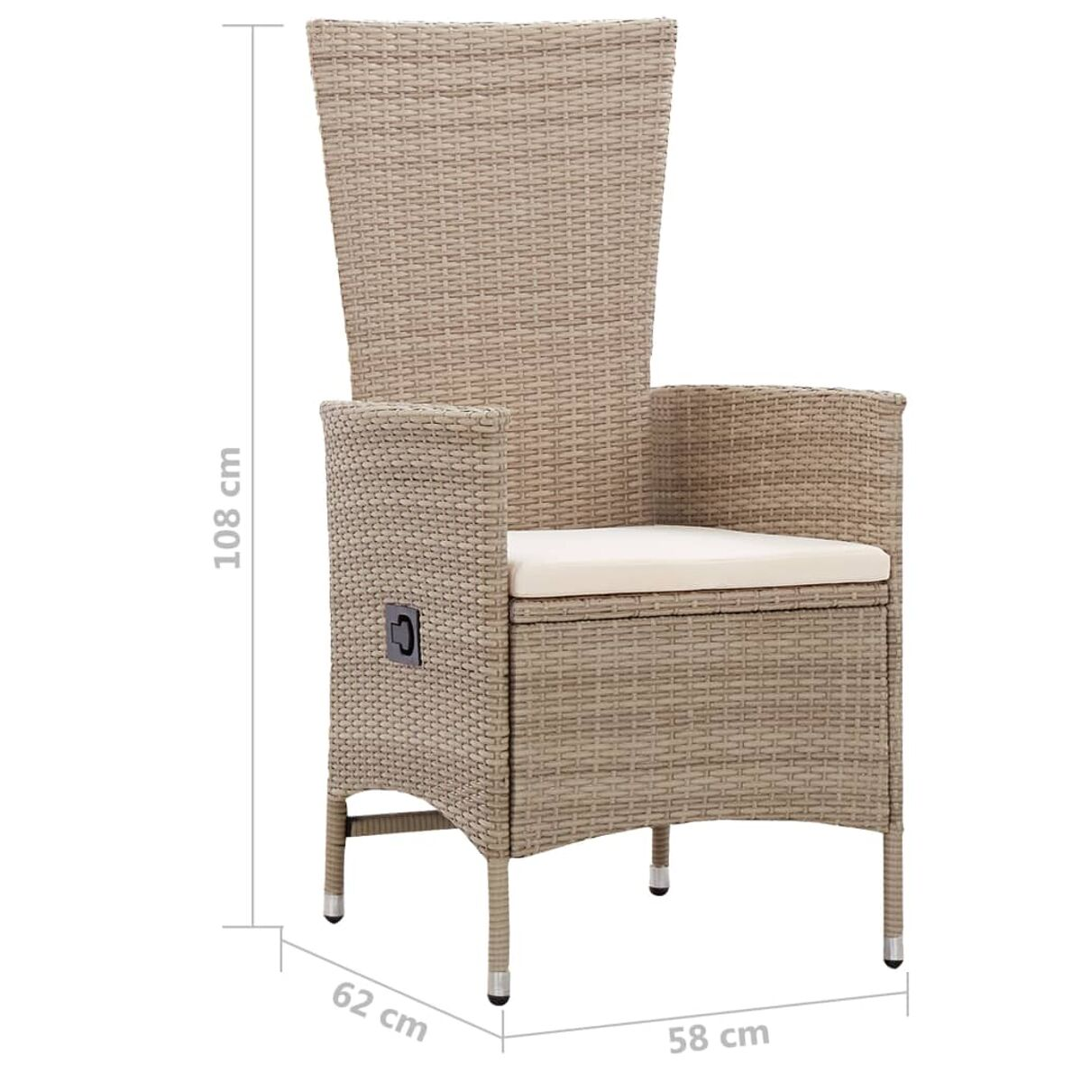 Beiger Rattan-Stuhl mit hohem Rücken und Armlehnen. Maße sind angezeigt.