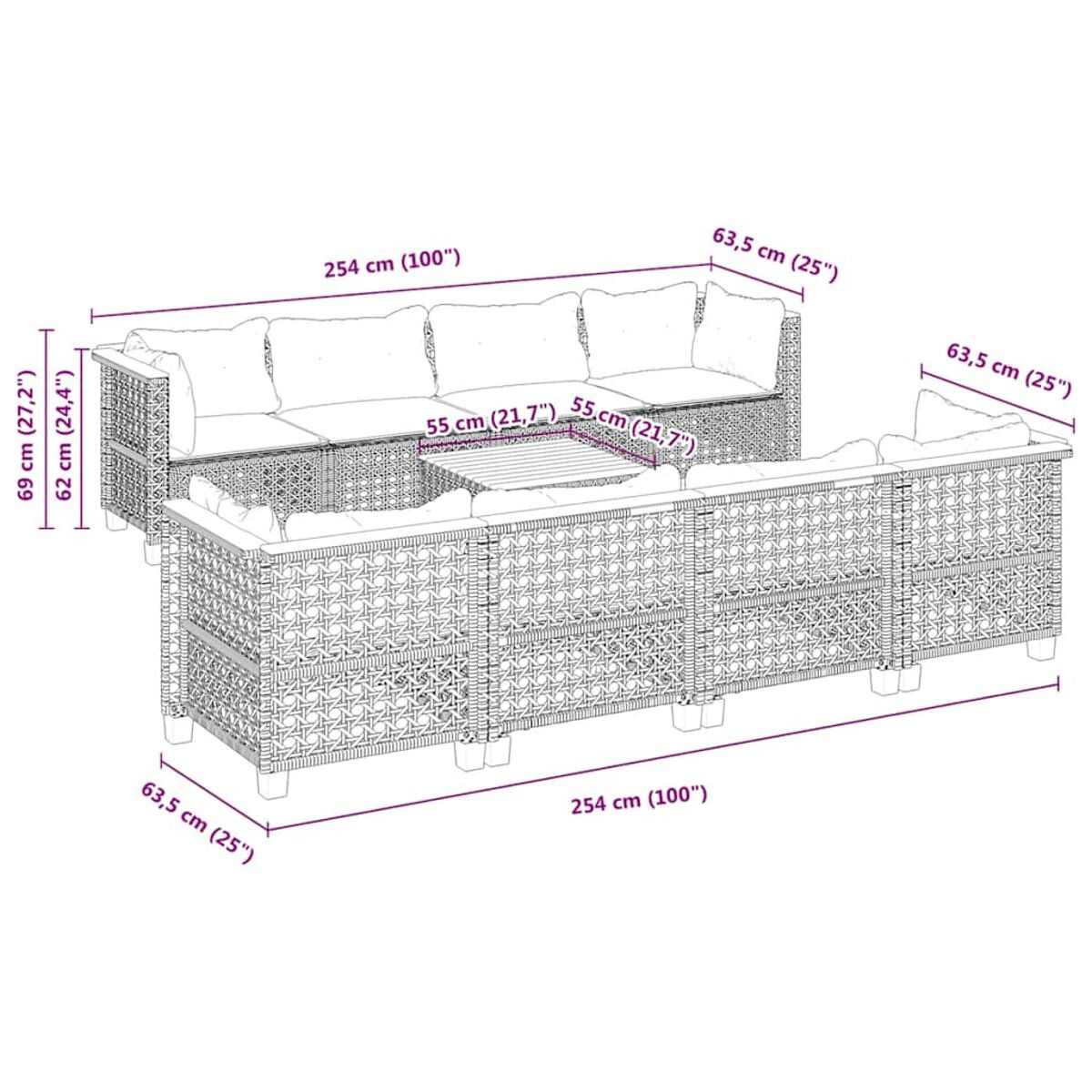 Diagramma di un set divano in rattan, con dimensioni in cm e pollici.
