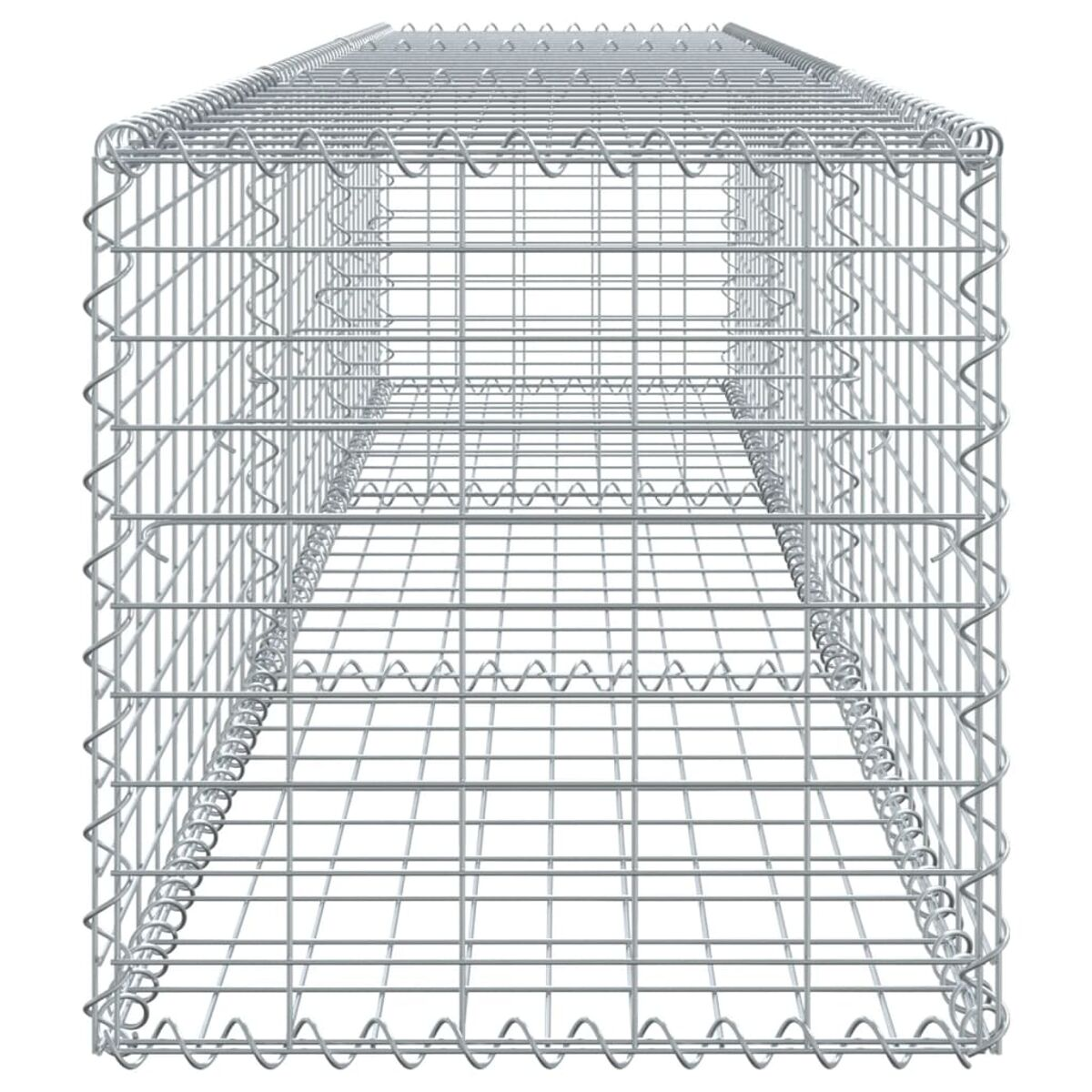 Ein rechteckiger Draht-Gabion, zeigt ein Gitter aus Metalldrähten, die die Struktur bilden, leer.