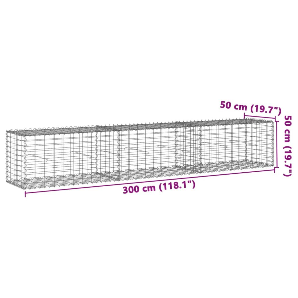 Langer, rechteckiger Gabion, aus Drahtgeflecht. Abmessungen mit Etiketten: 300 cm x 50 cm x 50 cm.