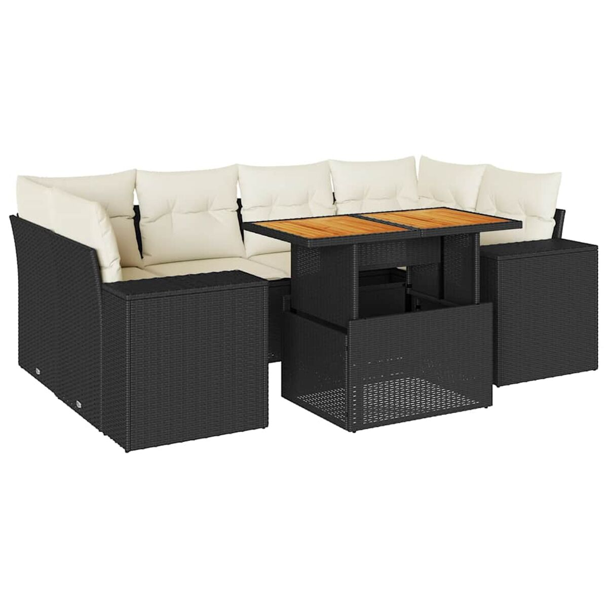 Set divano da esterno in vimini nero con tavolo elevabile e cuscini color crema su sfondo bianco.
