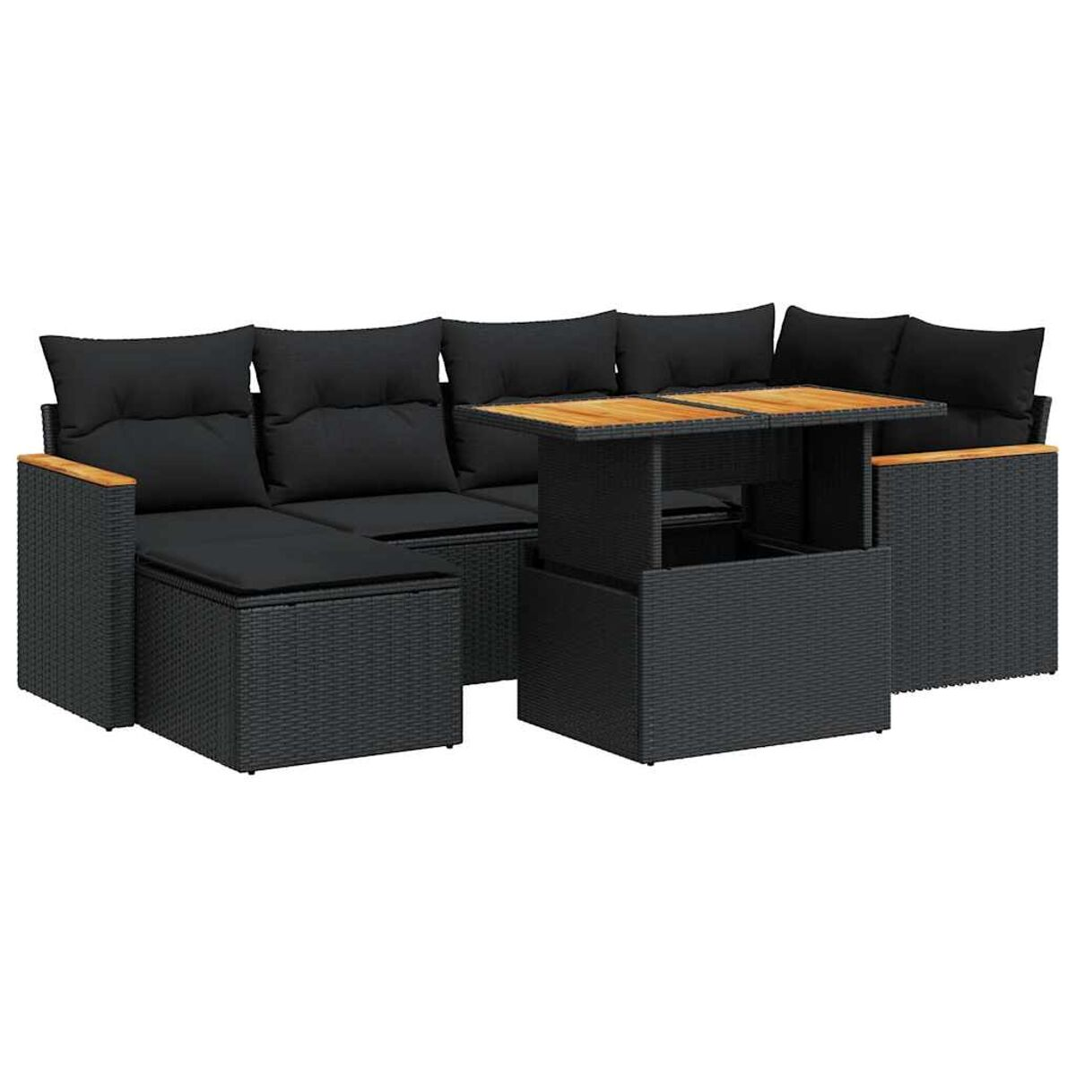Divano componibile in vimini nero con cuscini neri e un tavolo in legno. È un design.