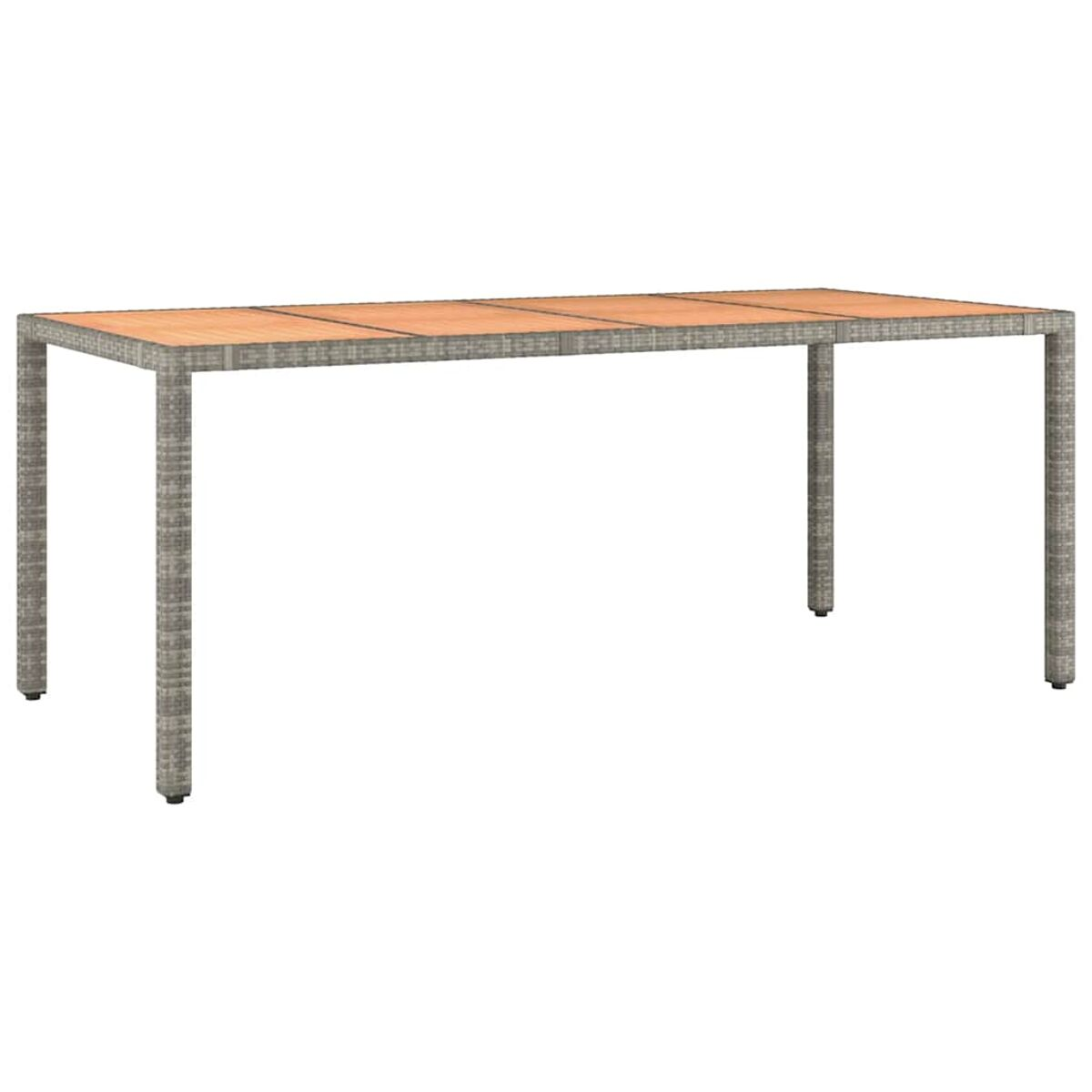 Rechteckiger Tisch mit Holzplatte und grauem Gestell, vier Beine.