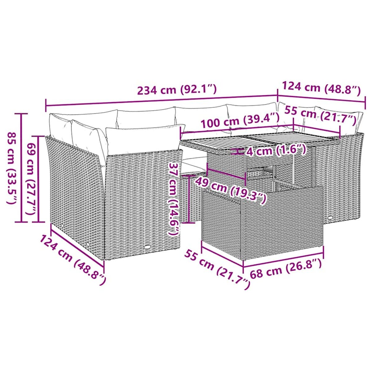 Diagramma che mostra le dimensioni di un set di divani da esterno con tavoli e sedie.