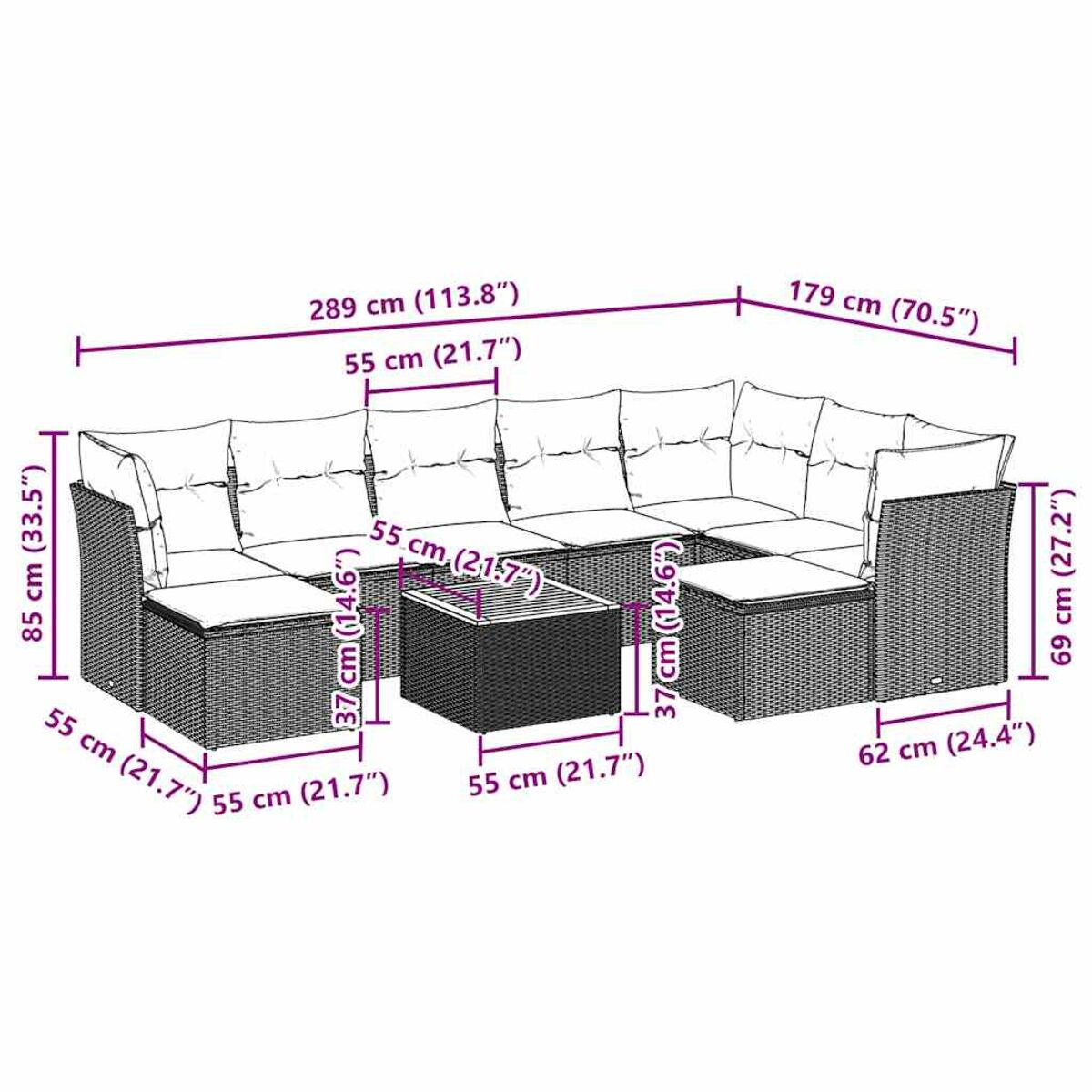 Geflochtenes Outdoor-Ecksofa und Couchtisch mit Maßen.