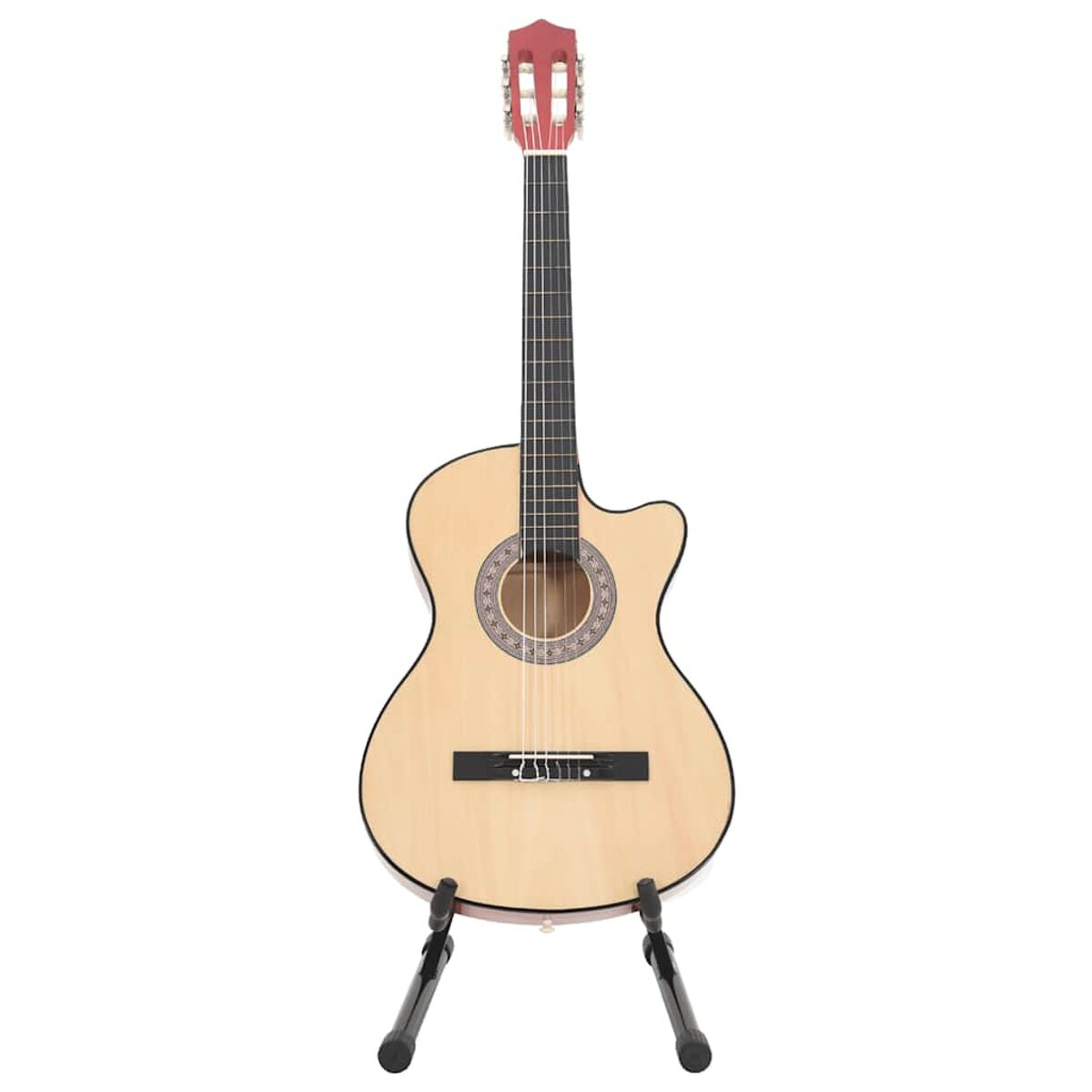 Eine Gitarre auf einem Ständer, mit hellem Holzkörper und roter Kopfplatte.
