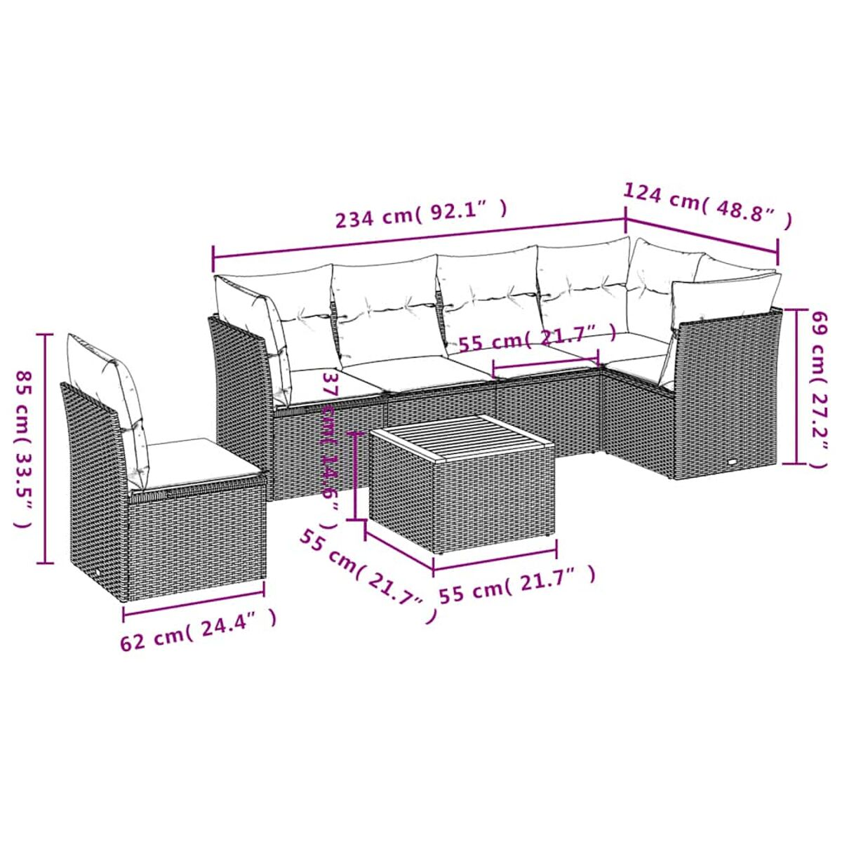 Set di sedute da esterno con dimensioni. Il set è realizzato in vimini e ha un divano, una sedia e un tavolo. Le misure sono presenti.