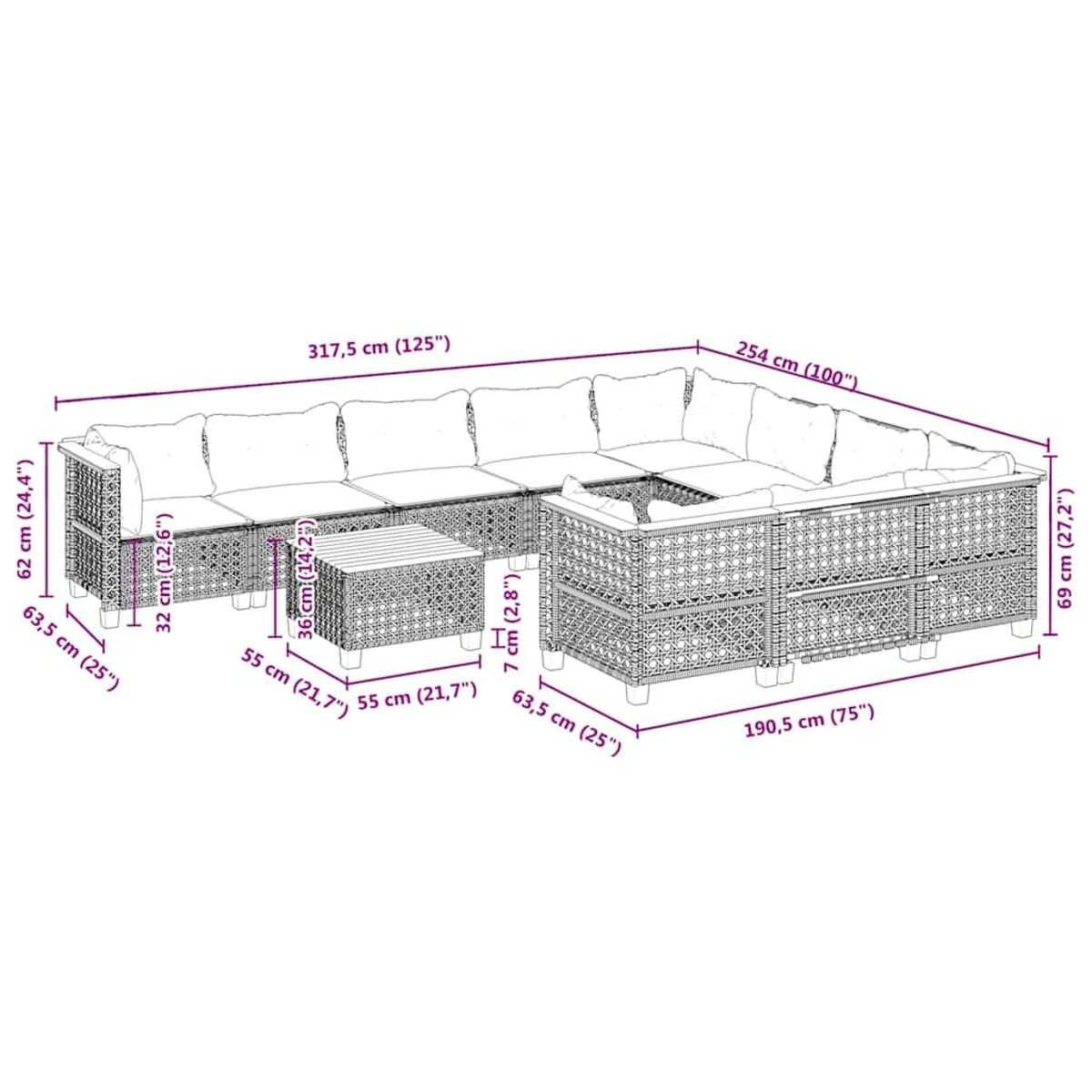 Juego de patio al aire libre con un gran sofá seccional y una mesa. También se muestran las dimensiones.